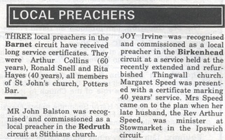 R H Snell - 40 years local preacher